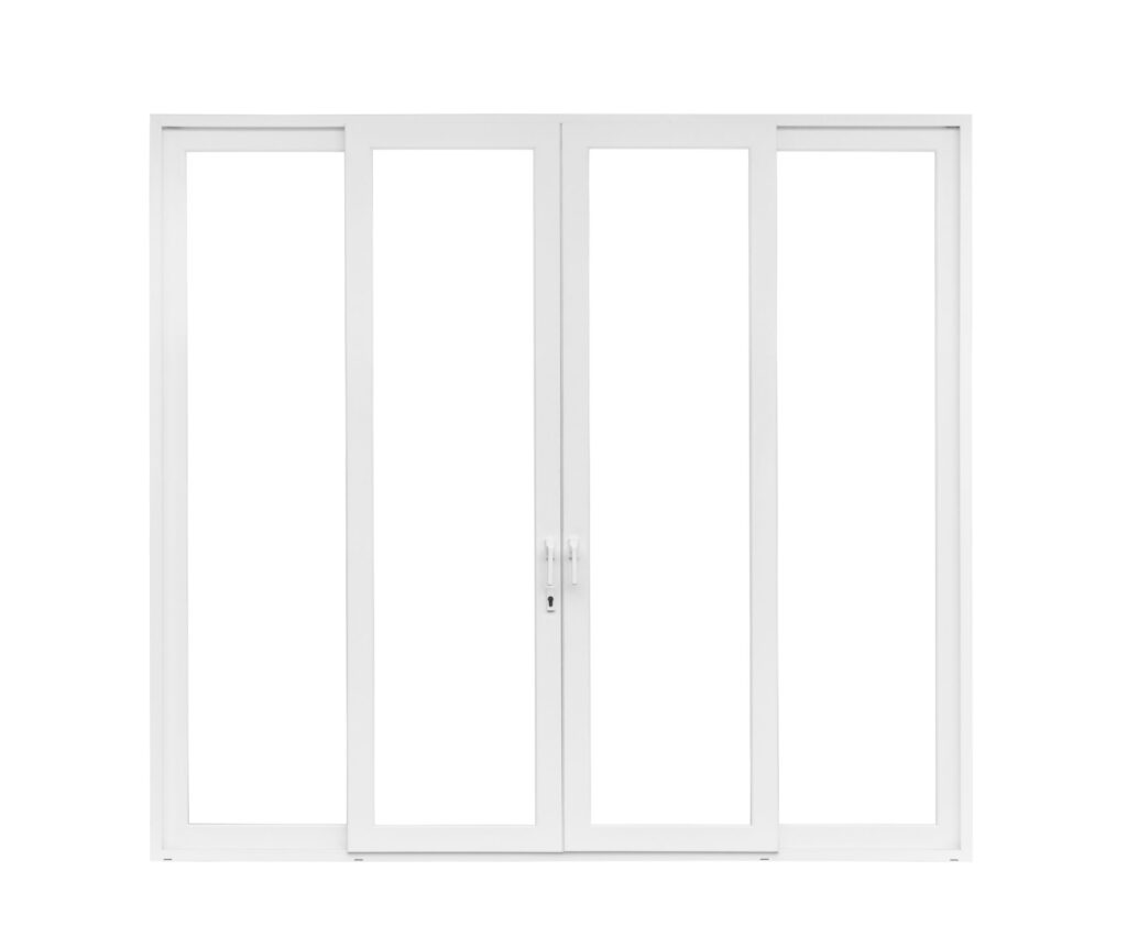 Real modern house door window frame isolated on white background