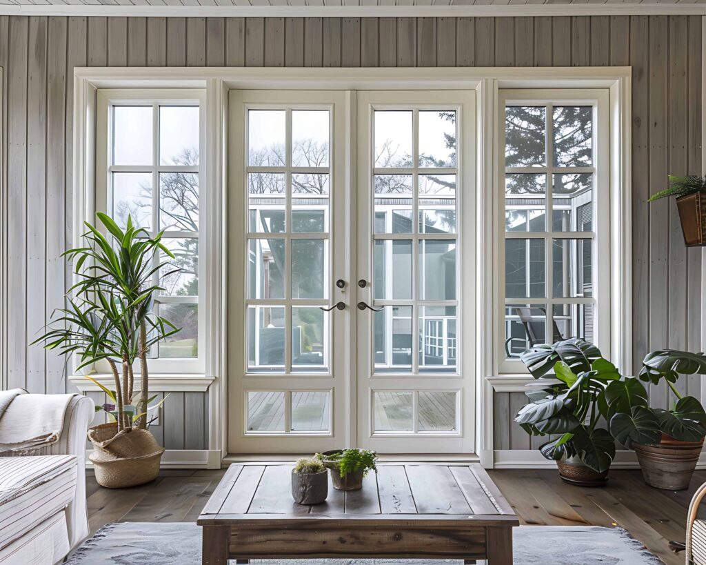 Wallaby double French doors with grid glass panels, bringing in natural light and creating a seamless indoor-outdoor living space