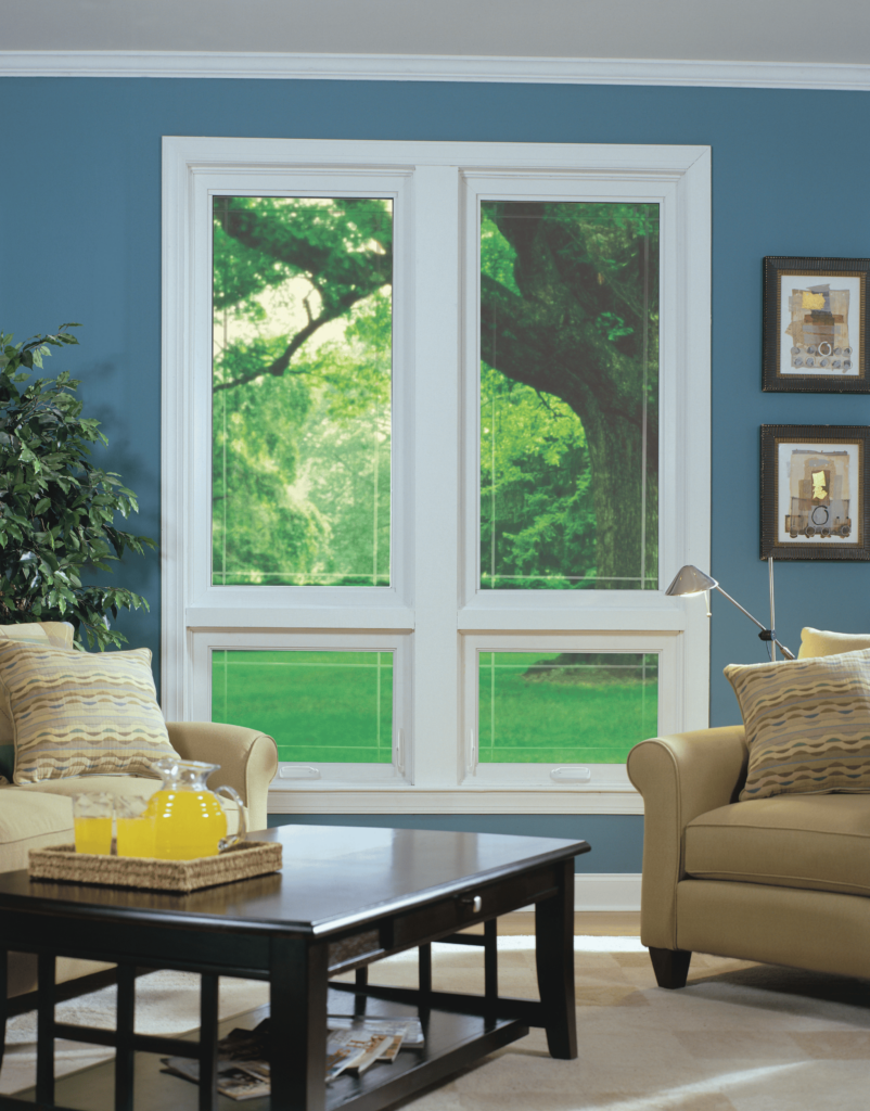 Wallaby Windows double-hung window installation in living room with blue walls and backyard tree view