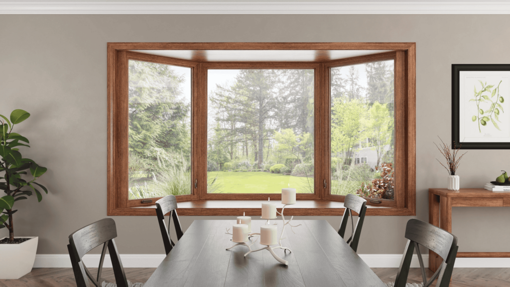 Wood-framed bay window in dining room bringing in natural light and garden views