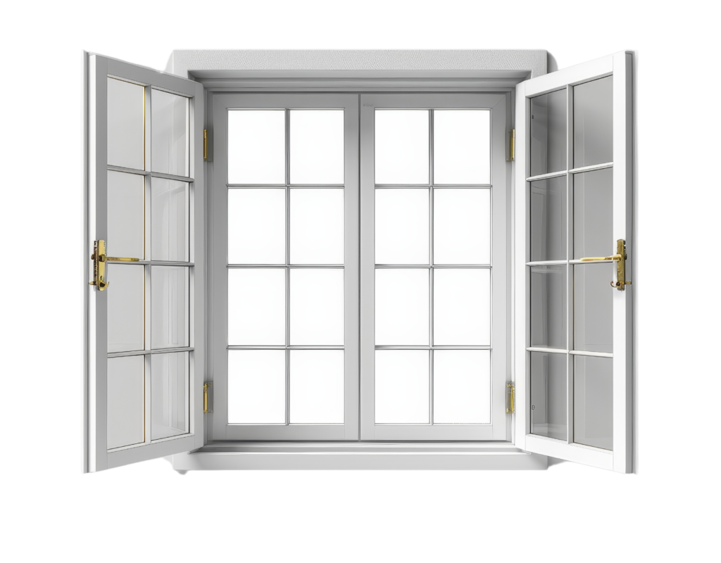 Double casement window with interior grid pattern and open exterior shutters, featuring classic white frame and brass hardware by Wallaby Windows