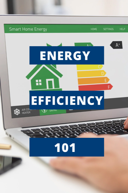 Energy efficiency rating chart on laptop illustrating how upgraded windows improve insulation and reduce energy costs