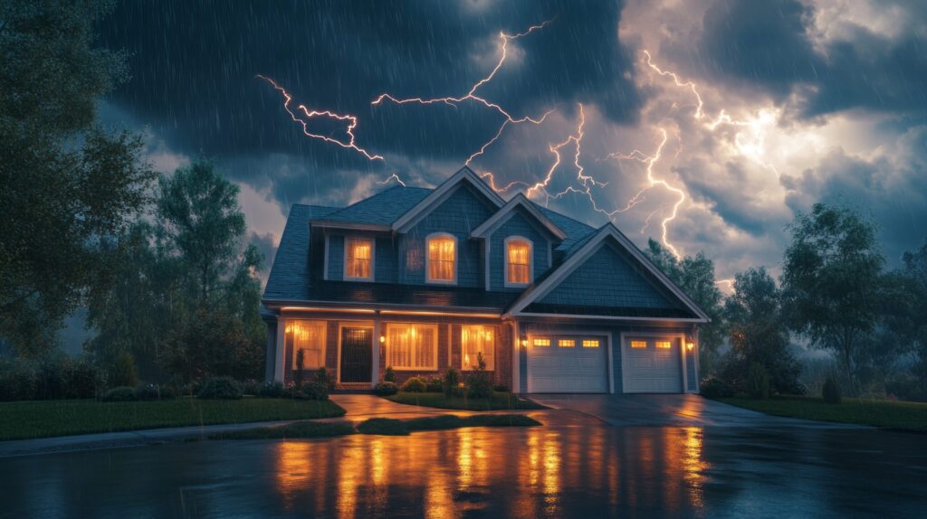 Stormy weather over a two-story home protected with weatherproof replacement windows installed by Wallaby Windows in Raleigh NC