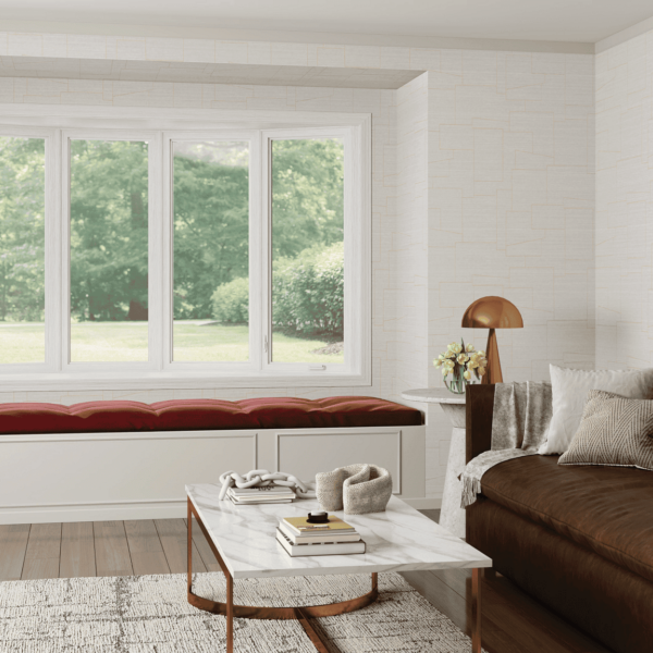 Living room with bay window bench and modern decor