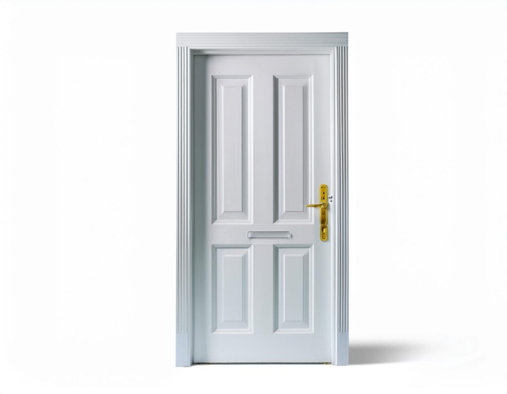 White entry door with gold handle and classic design