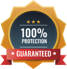 Gold badge with ribbon stating 100% protection guaranteed