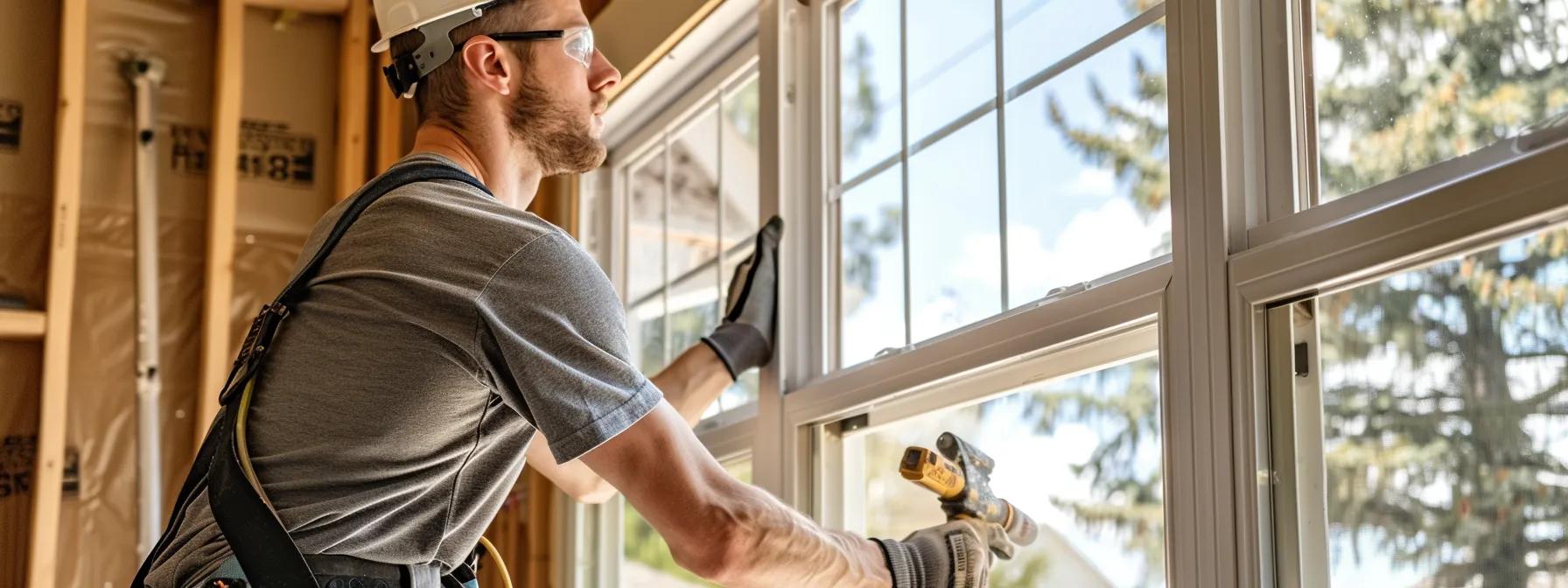 window expert installing double hung window inside a home in cummings, texas. photographed taken to show expert craftmanship